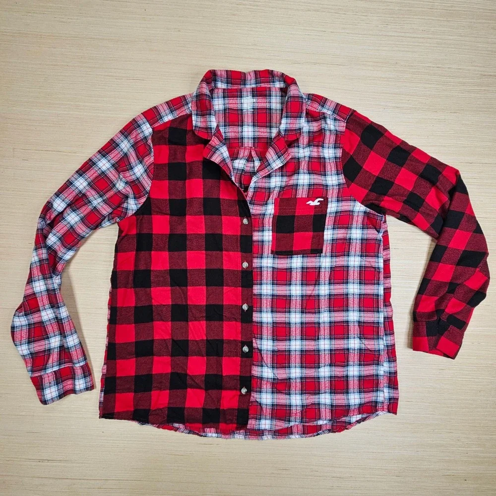 Hollister Sleep Top‎ Women L Red Patchwork Buffalo Plaid Button Up Pajama Shirt